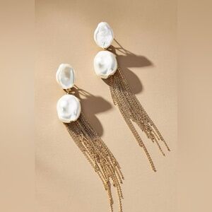 Anthropologie Boho Pearl Fringe Statement Earrings Gold Tassel Wedding Guest